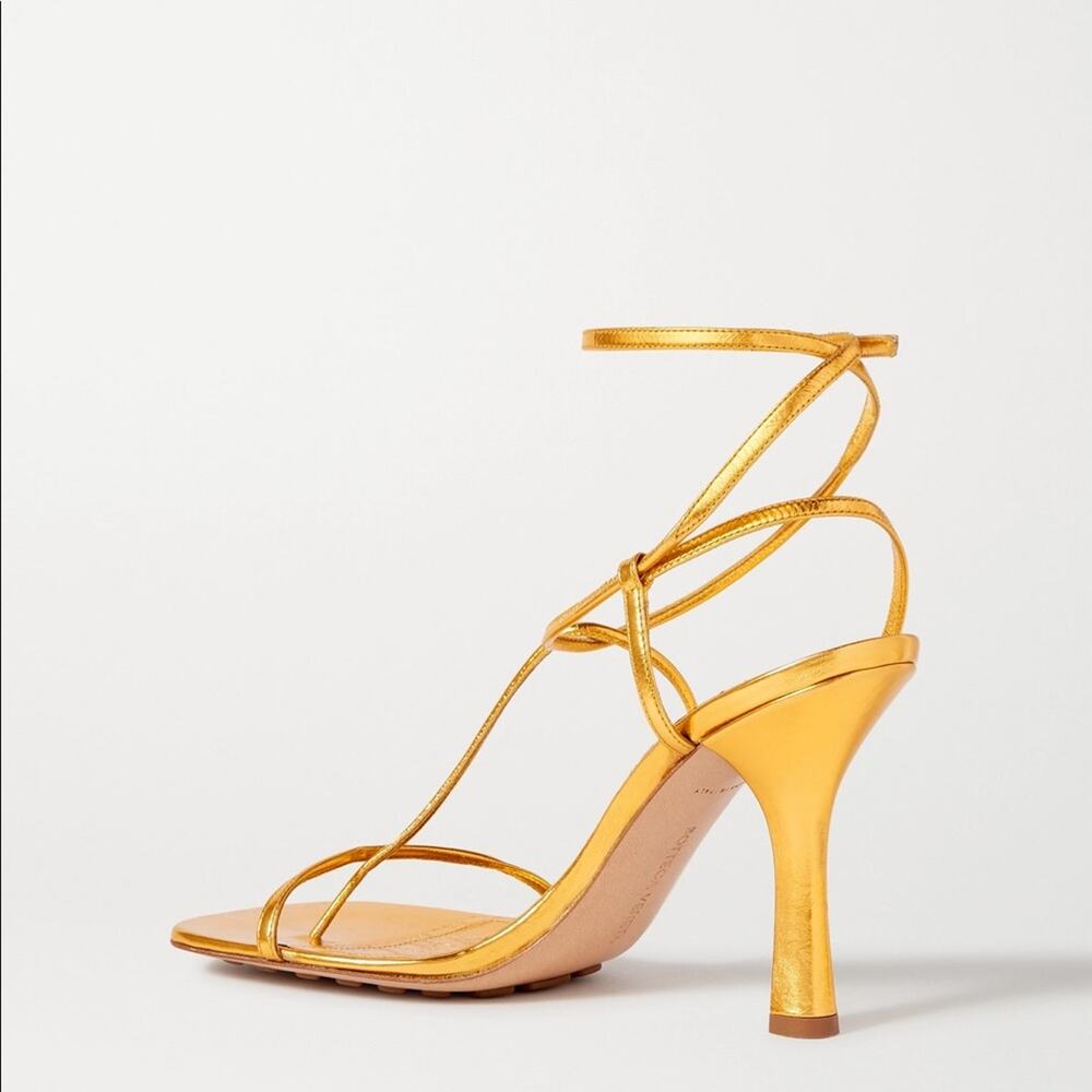 BOTTEGA VENETA Line Metallic Gold Strappy Leather Heeled Sandals - Picture 3 of 11